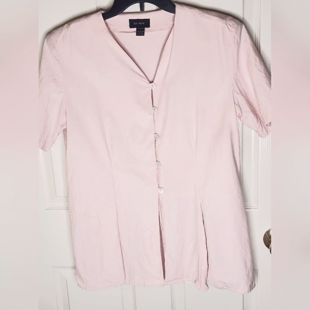 Silk House L 100% SILK Pink  Shrtslv Split Hem Buttons Up Women TopBlouse Shirt
